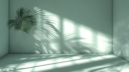 Poster - Minimalist room interior with palm leaf shadow and sunlight.
