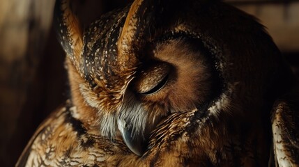 Aufkleber - Close-up of a sleeping owl with its eyes closed, showing detailed feathers and beak.