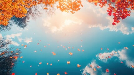 Aufkleber - Autumn leaves falling on a calm lake reflecting a bright sky.