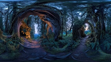 Leinwandbilder - 360° view of a mystical forest path at twilight, winding through ancient trees with glowing interiors and lush vegetation.