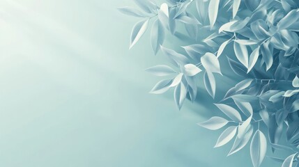 Aufkleber - Soft light illuminates pale green leaves on a teal background, creating a serene, minimalist scene.
