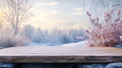 Poster - Wooden table in snowy winter landscape, sunrise.