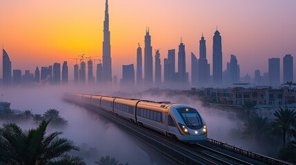 Poster - A modern train travels through a foggy cityscape at sunrise, showcasing urban development.