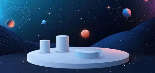 Poster - Abstract cosmic display podium with planets and nebula background.