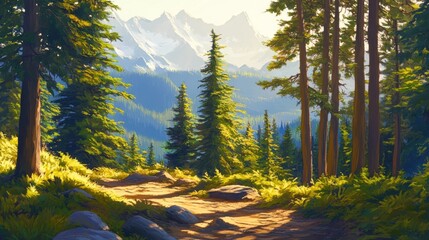 Poster - Sunlit forest path leading to majestic snow-capped mountains.