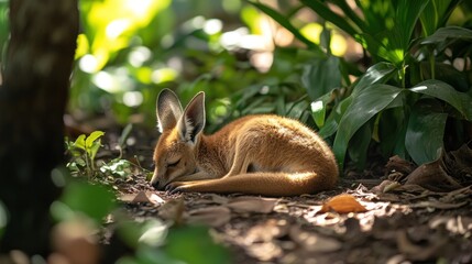 Poster - Sleeping red fox kit nestled amongst lush green foliage in dappled sunlight.