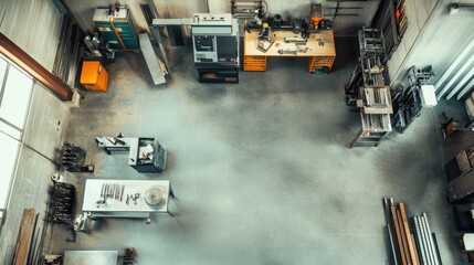 Poster - An elegant metalworking setup in a bright workshop, Metalworking tools and materials carefully organized, Industrial minimalist style