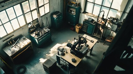 Poster - An elegant metalworking setup in a bright workshop, Metalworking tools and materials carefully organized, Industrial minimalist style