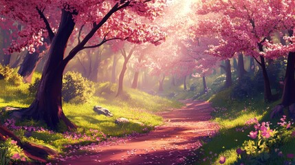 Aufkleber - Sunlit path through a fantasy forest with blooming pink cherry trees and lush green grass.