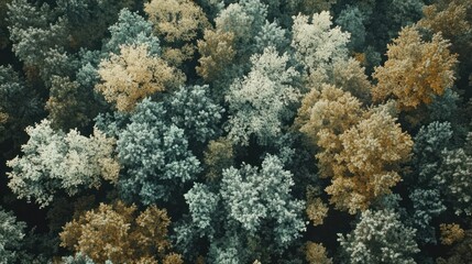 Aufkleber - Aerial view of autumn forest with muted colors, showing diverse treetops.