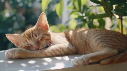 Aufkleber - Adorable ginger kitten naps peacefully outdoors, sunlight dappling its fur.