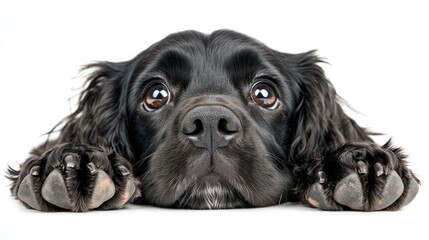Poster - Adorable black Cocker Spaniel puppy resting its paws on a white background, looking directly at the camera with big, expressive eyes.