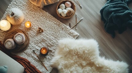 Poster - An elegantly arranged knitting setup in a cozy living room, Yarn and knitting needles carefully placed, Contemporary cozy style