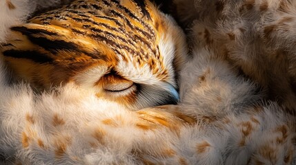 Poster - Close-up of a sleeping owl nestled in soft feathers.