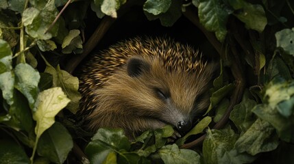 Aufkleber - A sleeping hedgehog nestled in a leafy, circular nest.