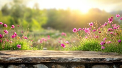 Poster - Wooden surface with pink flowers and blurred garden background at sunset.