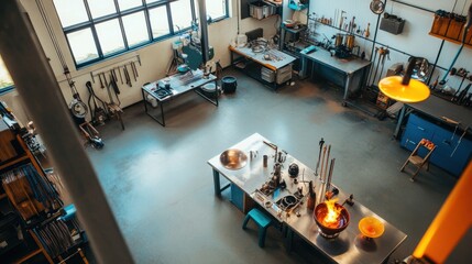Poster - An elegantly set up glassblowing area in a bright studio, Glassblowing tools and molten glass carefully organized, Modern artistic style