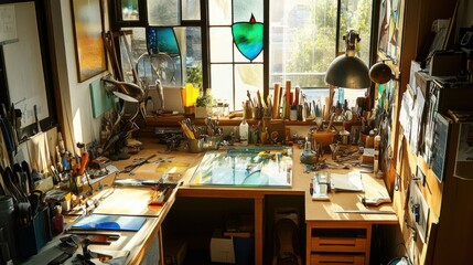 Aufkleber - An elegantly set up stained glass crafting area in a sunlit workshop, Stained glass pieces and tools carefully organized, Vintage artistic style