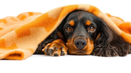 Poster - Cocker spaniel dog hiding under orange blanket, looking at camera.