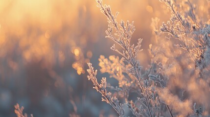 Aufkleber - Frosty plants at sunrise, showcasing delicate ice crystals on branches against a warm, blurred background.