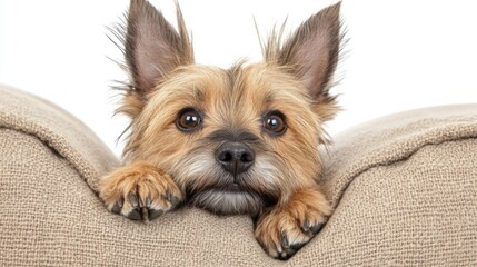 Poster - Cute small dog resting its paws on beige cushions, looking at the camera.