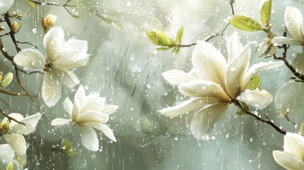 Poster - Rain-soaked white magnolia blossoms on branches, artistic painting.