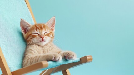 Aufkleber - Adorable ginger kitten naps peacefully in a light blue beach chair against a pastel blue background.