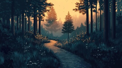Aufkleber - Serene sunset path through a lush evergreen forest with tall trees and soft light.