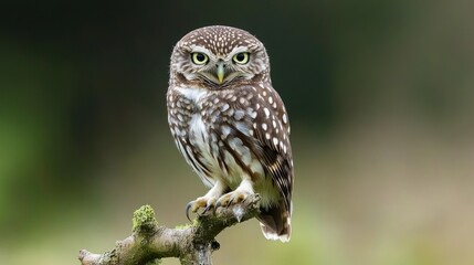 Poster - Little owl perched on branch, staring intensely.
