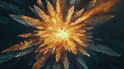 Aufkleber - Abstract golden and teal fractal explosion radiating outwards.