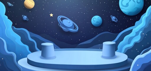 Poster - Cosmic platform with planets and stars backdrop.