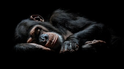 Poster - A chimpanzee peacefully sleeps, curled up on its side in the dark.