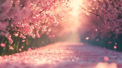 Aufkleber - Sunlit path through a blossoming cherry tree tunnel, pink petals falling.