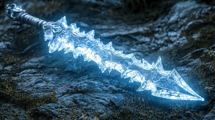 Poster - Glowing ice sword on dark rocks.