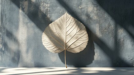 Poster - Single bleached leaf against a textured blue wall in sunlight.
