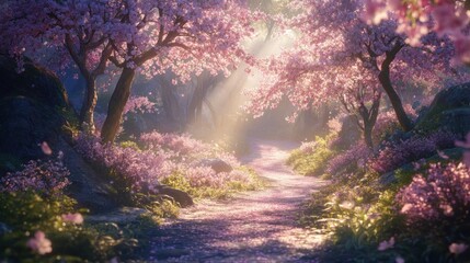 Aufkleber - Sunlit path through a magical cherry blossom forest.