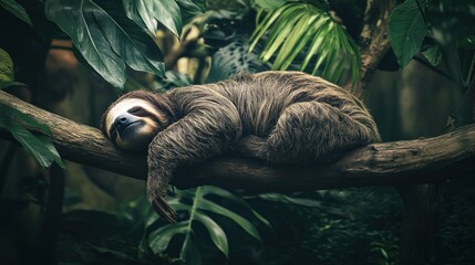 Aufkleber - Sloth sleeping soundly on a tree branch in a lush green rainforest environment.