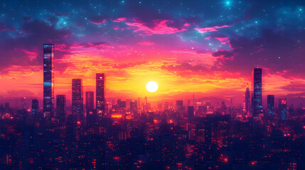 Poster - A vibrant sunset over a futuristic city skyline, blending colors and digital aesthetics.