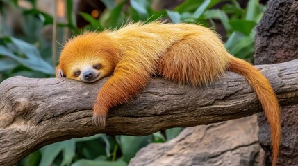 Aufkleber - A fluffy, golden-colored sloth rests peacefully on a tree branch, its long limbs draped languidly.