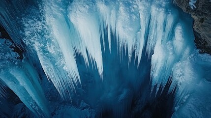 Poster - Close-up of numerous icicles hanging from a frozen waterfall, showcasing their icy texture and deep blue hues.
