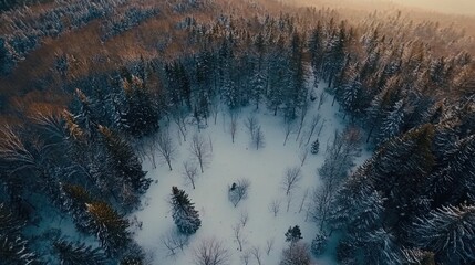 Poster - Aerial view of a snow-covered forest clearing in winter, sunlight illuminating the trees.