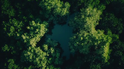 Poster - Aerial view of a serene lake nestled within a lush green forest.