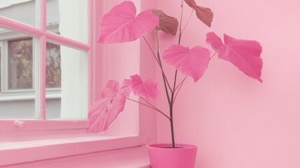 Wall Mural - A vibrant pink plant sits on a windowsill against a matching pink wall, creating a whimsical and modern aesthetic.