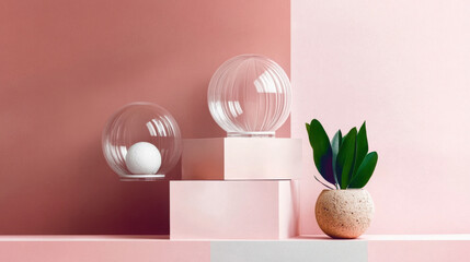 Wall Mural - A modern arrangement featuring spherical glass objects and a potted plant on pastel-colored geometric blocks.