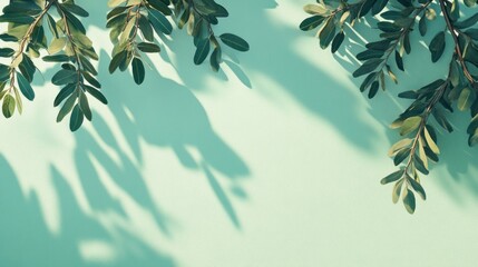 Poster - Lush green leaves cast shadows on a light teal background, creating a vibrant and natural scene.