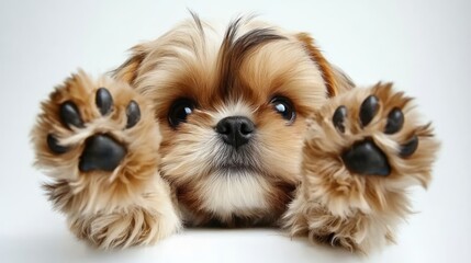 Poster - Adorable fluffy puppy dog with paws up, isolated on white background.