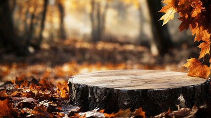 Aufkleber - Autumnal forest scene with a tree stump in the foreground, surrounded by fallen leaves.