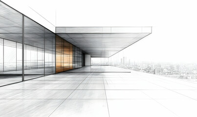 Aufkleber - A modern architectural sketch showcasing a spacious balcony with city views.