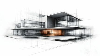 Poster - A conceptual architectural sketch of a modern building with clean lines and large windows.