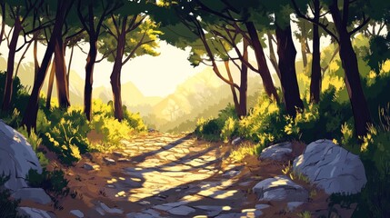 Poster - Sunlit path through a lush forest leading to mountains.